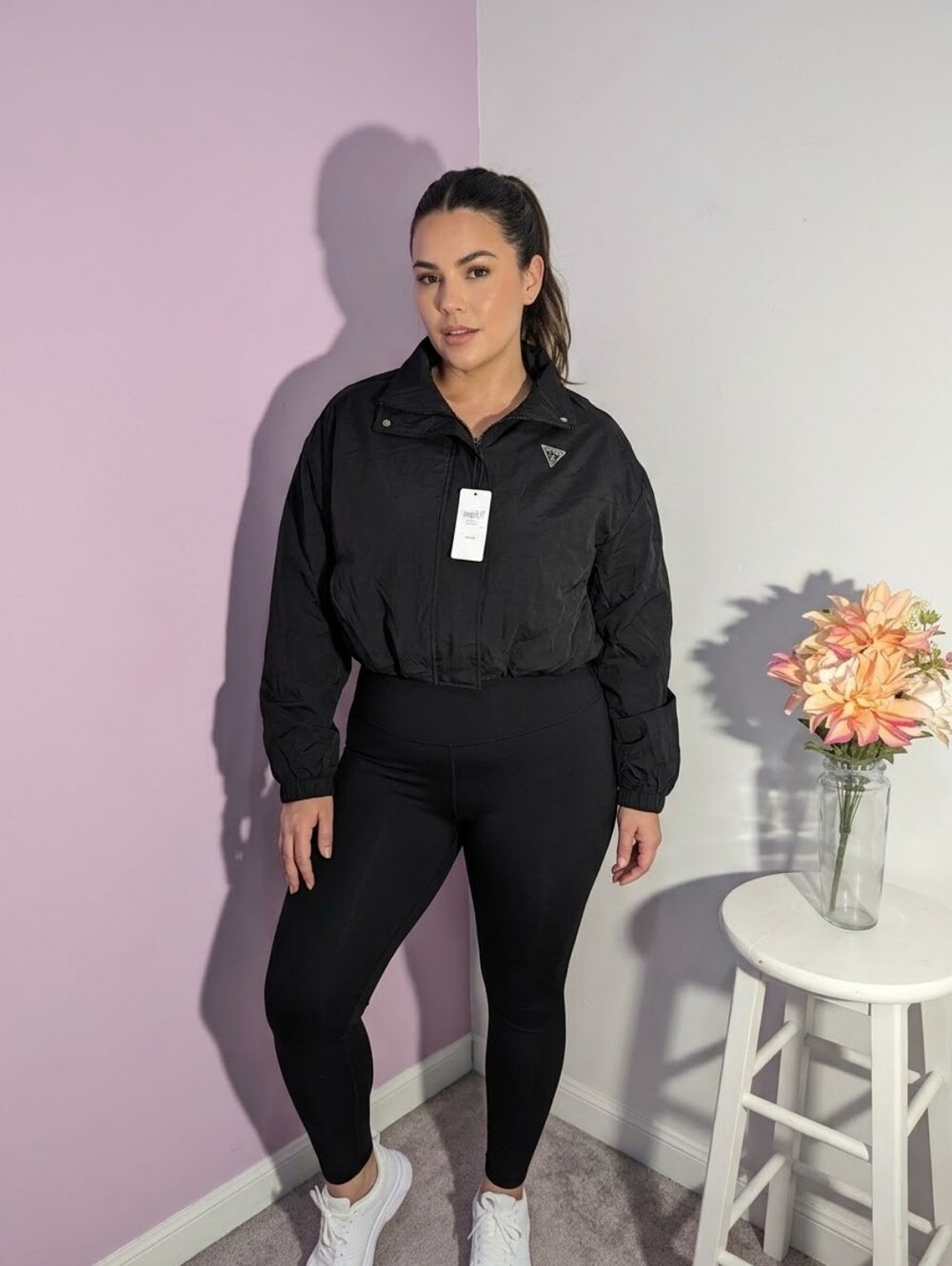 GUESS Women’s Nina Cropped Windbreaker Jacket Jet Black | Size XL | NWT
